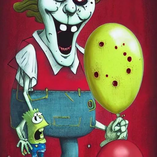 Image similar to grunge painting of spongebob with a wide smile and a red balloon by chris leib, loony toons style, pennywise style, corpse bride style, horror theme, detailed, elegant, intricate