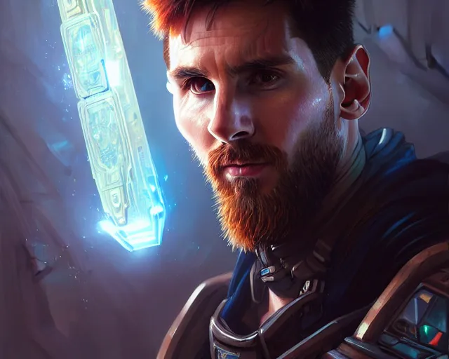 Image similar to man messi with cyberpunk implants, deep focus, d & d, fantasy, intricate, elegant, highly detailed, digital painting, artstation, concept art, matte, sharp focus, illustration, hearthstone, art by artgerm and greg rutkowski and alphonse mucha