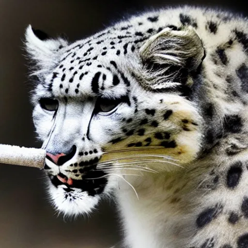 Prompt: Snow leopard smoking a joint, award-winning photo