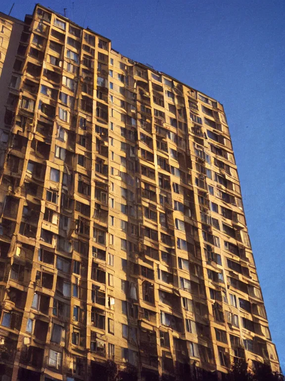 Image similar to soviet panel apartment building photo, extreme wide shot, golden hour, kodak gold 2 0 0, side - view