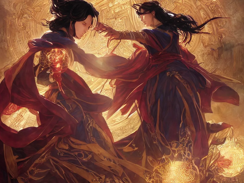 Image similar to anime key visual of one beautiful female doctor strange, marvel comics, spells, magic, intricate, inside magical temple stunning, highly detailed, digital painting, artstation, smooth, hard focus, illustration, art by artgerm and greg rutkowski and alphonse mucha