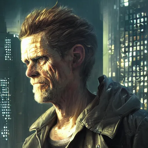 Image similar to closeup portrait of william dafoe, cyberpunk, shaggy ex military guy, city background, dramatic light, gorgeous view, depth, high detail, digital art, painted by greg rutkowski and seb mckinnon, neuromancer, trending on artstation