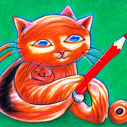 Image similar to a cat boxing with a big worm, cartoony, children's book, pencil drawing, colorful