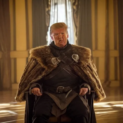 Prompt: film still of Donald Trump as king in game of thrones