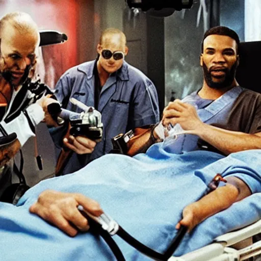 Image similar to a still from the movie armageddon crossover with the game surgeon simulator