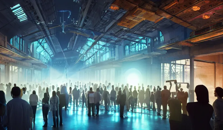 Image similar to crowd of people in walled warehouse, looking at hologram of futuristic city on a table, cinematic concept art, godrays, golden hour, natural sunlight, 4 k, clear details, tabletop model buildings, center model buildings, hologram center, crane shot, crane shot, crane shot