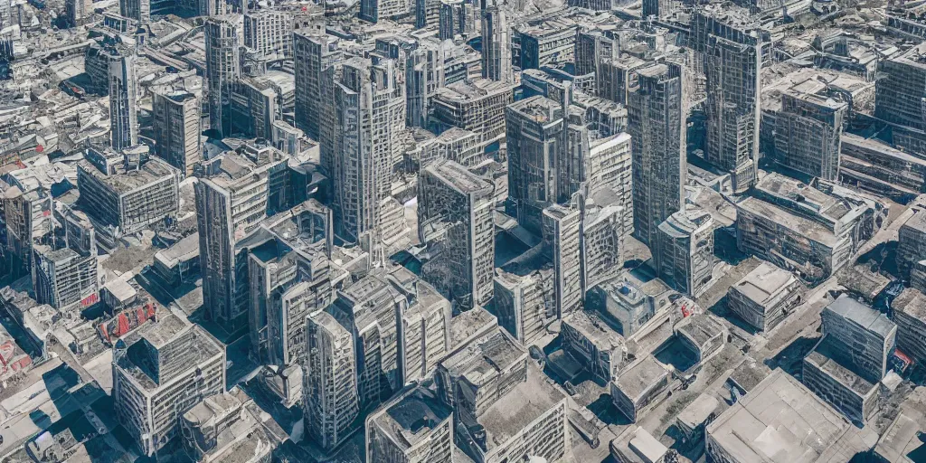 Image similar to drone view of a Brutalist architecture city with a large road through, telephoto lens, 3D digital art 4k