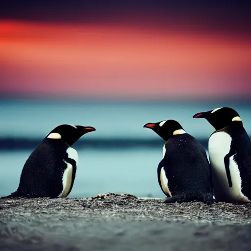 Prompt: close-up photo of a 2 penguins sitting together watching city lights shallow depth of field, photorealistic, cinematic lighting, warm colours, dusk