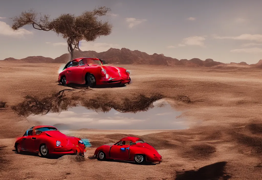 Image similar to “a red porsche 356 is parked in the middle of the desert, a matte painting by Scarlett Hooft Graafland, featured on unsplash, australian tonalism, anamorphic lens flare, cinematic lighting, rendered in unreal engine”