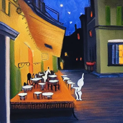 Image similar to Café Terrace at Night but there's a rabbit sitting at a table