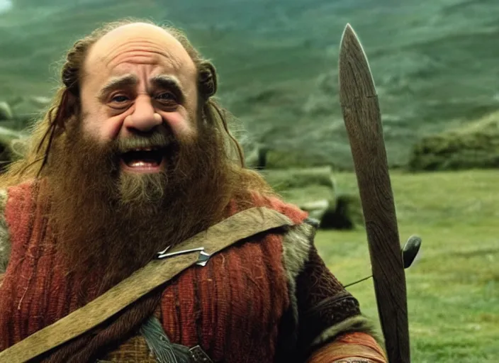 Image similar to film still of danny devito as gimli in lord of the rings movie, 8 k