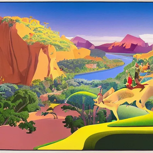 Prompt: hanna barbera, beige imposing, fine by alex ross. a illustration of a landscape. it is a stylized & colorful view of an idyllic, dreamlike world with rolling hills, peaceful animals, & a flowing river. the scene looks like it could be from another planet, or perhaps a fairy tale.