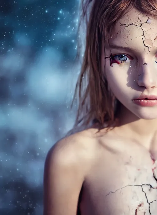 Image similar to a beautiful detailed beautiful young girl with cracks in her skin with a painted decaying world in the background, realistic, f 8, 4 k hd wallpaper