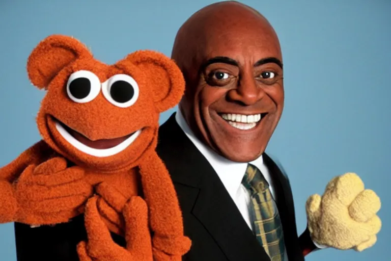 Prompt: still of ainsley harriott as a muppet puppet, in the muppet