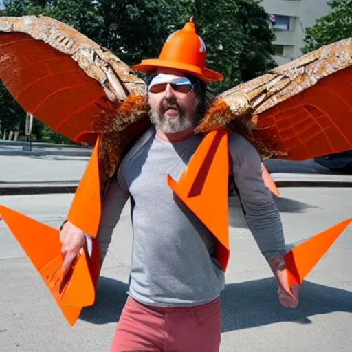 Prompt: ripped physique winged man Norm MacDonald disguised as a mothra whilst wearing a traffic cone hat daniel warren johnson