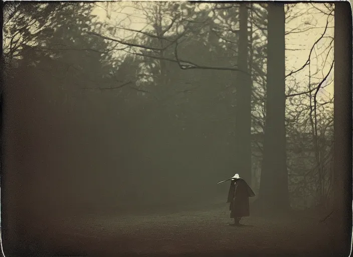 Image similar to medium shot, a plague doctor walks towards a house, woods, horror, night, polaroid photo, vintage, neutral colors, by gregory crewdson,