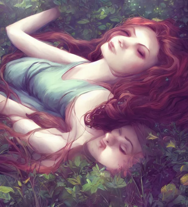 Image similar to girl lying in forest, art by charlie bowater