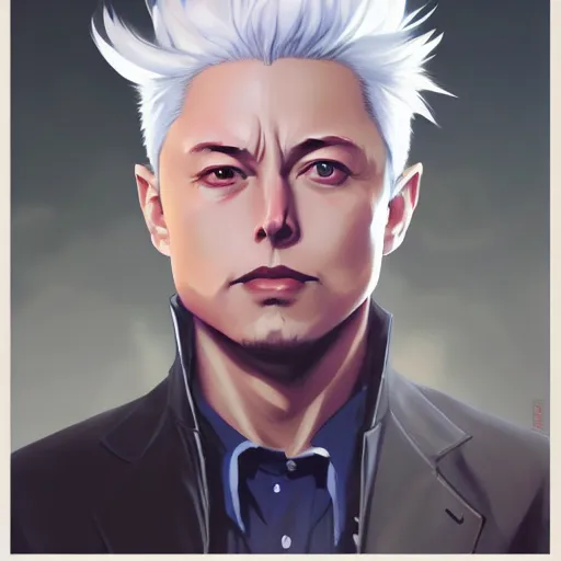 Image similar to anime portrait of old elon musk as an anime boy, white hair, by Stanley Artgerm Lau, WLOP, Rossdraws, James Jean, Andrei Riabovitchev, Marc Simonetti, and Sakimichan, trending on artstation