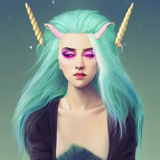 Image similar to a girl with lush white hair, unicorn horn, rim light, fresh colors, gradients, highly detailed, digital illustration, concept art, smooth, sharp focus, pleasing aesthetics, alexander wells