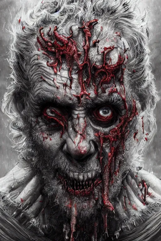 Image similar to realistic portrait of beautifully crystalized and detailed portrait of a zombie old man, matte painting of cinematic movie scene red dragon, horror, created by gustave dore and greg rutkowski, high detailed, smooth draw, synthwave neon retro, intricate, realistic proportions, dramatic lighting, trending on artstation.