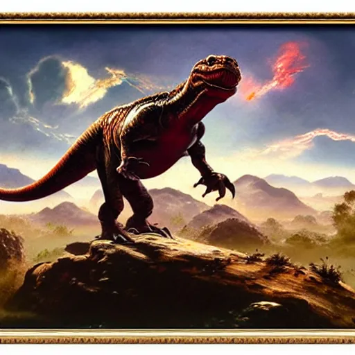 Image similar to An ultra realistic portrait painting of Yoshi the Dinosaur wearing his saddle in the style of Frank Frazetta, 4k, Ultrarealistic, Highly Detailed, Dark Fantasy, Epic Lighting