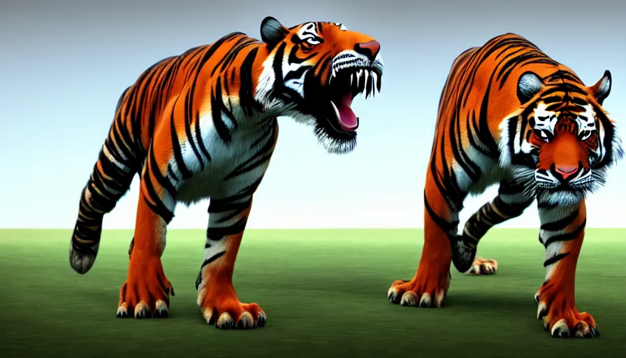 Image similar to tiger and tyrannosaurus hybrid, realistic cgi render