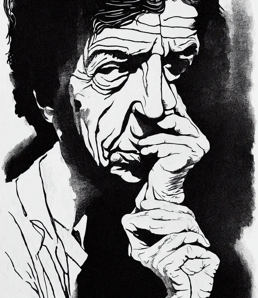 Image similar to detailed line art portrait of leonard cohen. caricatural, minimalist, bold contour lines, musicality, soft twirls curls and curves, confident personality, raw emotion