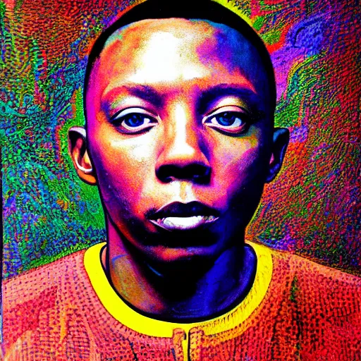 Image similar to dizzee rascal, intricate trippy oil painting