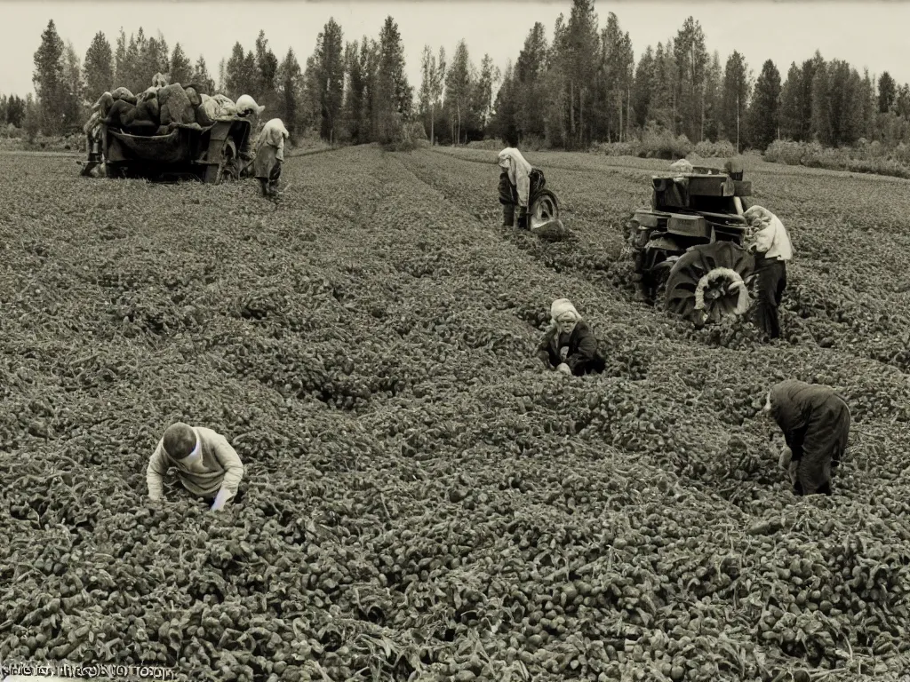 Image similar to potato harvesting in finnish farm, 1 9 6 6, home album pocket camera photo, detailed facial features, hyper realistic