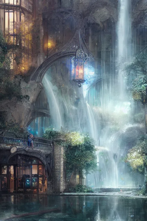 Prompt: An urban train rides inside of a waterway on a fantasy city, next to a fountain and a mystical palace,, waterfall, intricate, elegant, volumetric lighting, digital painting, highly detailed, artstation, sharp focus, illustration, concept art, ruan jia, steve mccurry