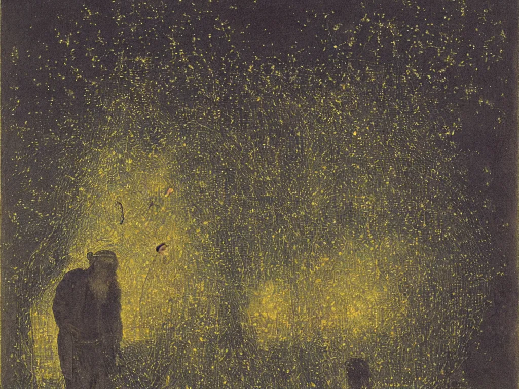 Image similar to painting by mikalojus konstantinas ciurlionis, bosch. portrait of fisherman with net at night with fireflies