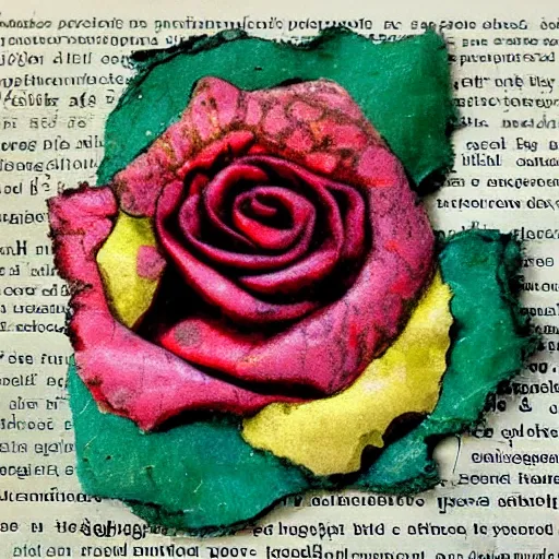 Image similar to photo of an intricately detailed representation of a accurate rose. Colored synthetic polymer blended with colored torn fabrics miniature on found newspaper.