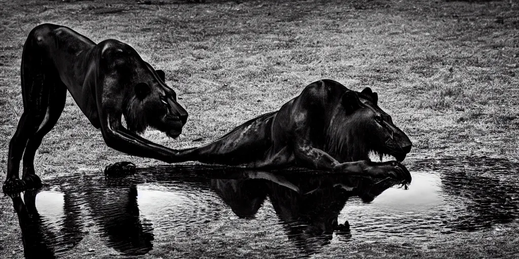 Image similar to the black lioness made of ferrofluid, dripping tar, drooling ferrofluid, crawling out of the air vent. dslr, photography, animal photography, goo, reflections, sticky, melting