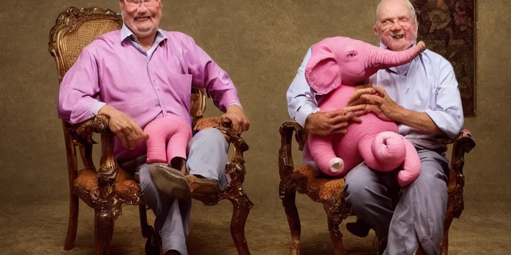Prompt: Photo of a man on a chair with his pink miniature elephant on his lap