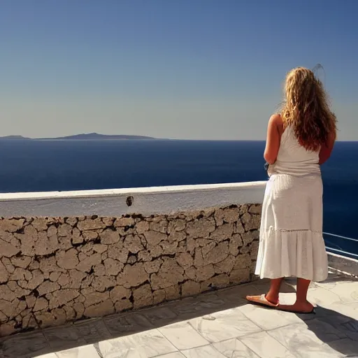 Prompt: the maiden standing on the balcony overlooking the aegean sea by andrew