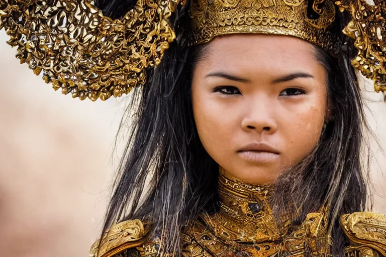 Prompt: close - up photo of a beautiful khmer warrior princess in a battle scene, detailed eyes, shallow depth of field, photorealistic, cinematic lighting, lovely bokeh, warm colours, dusk