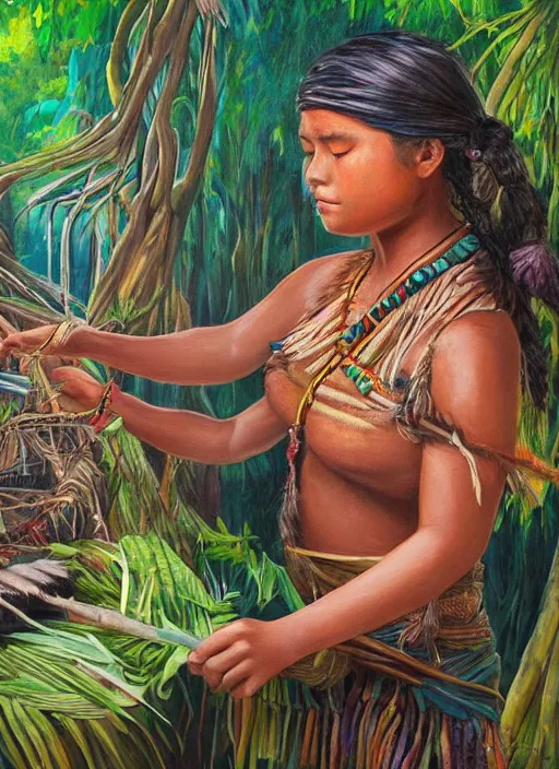 Image similar to a beautiful painting of a young indigenous female crafting a fabric in the jungle, realistic face, ayahuasca, fantasy art style, matte painting, highly detailed