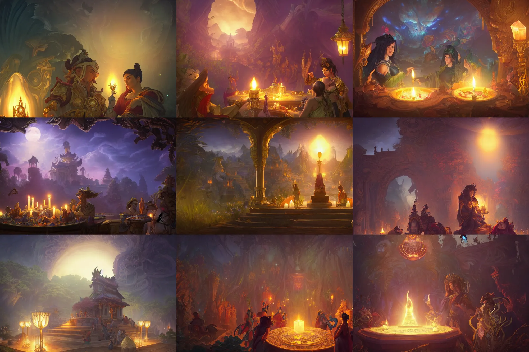 Prompt: a hyperrealistic render of an emperors tomb, candles, lanterns, stars, twilight, outdoor, art by Artgerm and Greg Rutkowski and Alphonse Mucha, hearthstone art style, epic fantasty card game art, Beautiful dynamic dramatic moody lighting, shadows, cinematic, Octane, 8K