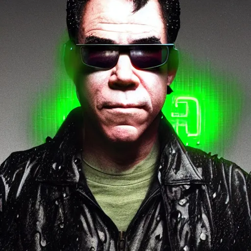 Image similar to gilbert gotfried in the matrix, cartoon portrait made out of rain, realistic, highly detailed, neon, rendered in octane, unreal engine, rain, beautiful, trending on artstation, emotional, photo realistic