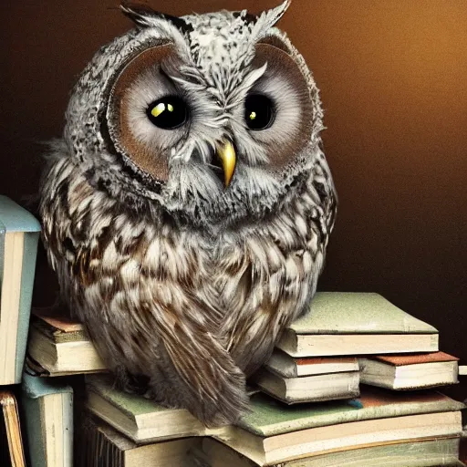 Prompt: long shot of a fluffy sleegy owl sitting on a pile of antique books, by naoto hatori, by yoshita amano, by esao andrews, fancy illustration hyperrealistic, big depth of field, fresh colors, moody evening light, 3 d octane render conceptart, 4 k, highly detailed, trending on artstation