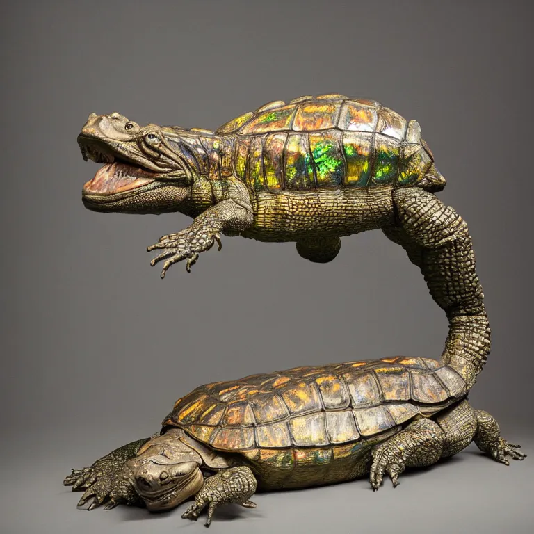 Image similar to hyperrealistic sculpture of a bronze fossilized alligator tortoise dusted with iridescent spraypaint and ferns in a nylon grid cage on a pedestal by ron mueck and duane hanson and lee bontecou, hyperrealistic dramatic colored lighting trending on artstation 8 k