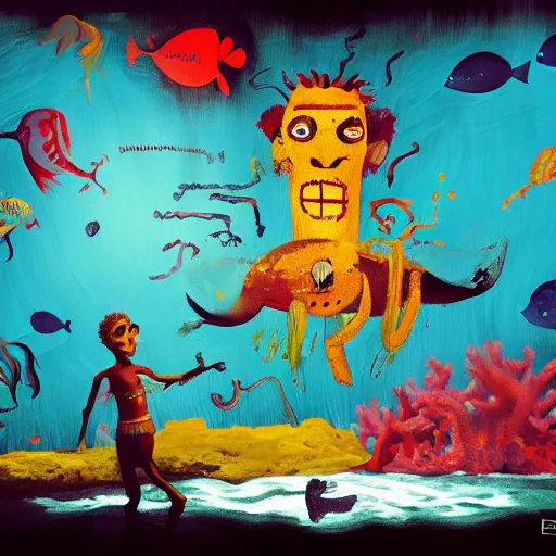 Prompt: under the sea, by jean - michel basquiat, aboudia and genesis tramaine, trending on artstation, cgsociety, deviantart