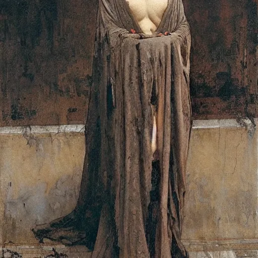 Image similar to hooded gaunt figure in long grungy decaying baptismal robes before a congregation of crows by nicola samori and tadema by greg rutkowski by alphonse mucha