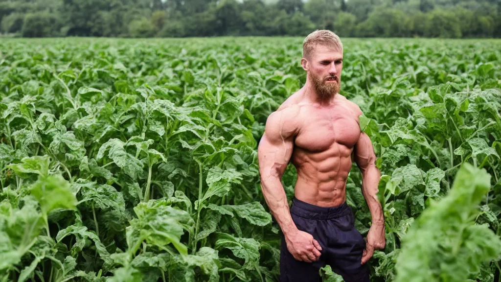 Prompt: bodybuilder farmer surveying his crops