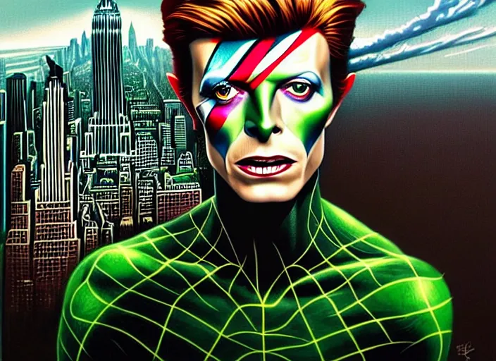 Image similar to painted poster of david bowie, as the green goblin flying above new york in the background. intricate, elegant, highly detailed, centered, digital painting, artstation, concept art, smooth, sharp focus, illustration, artgerm, tomasz alen kopera, peter mohrbacher, donato giancola, joseph christian leyendecker, drew struzan