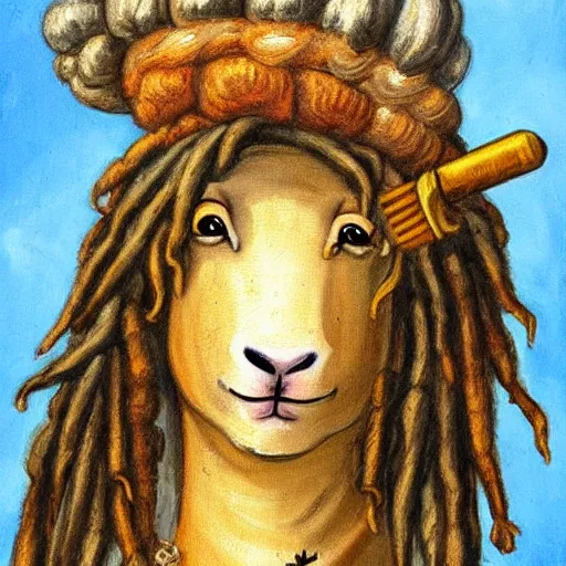 Image similar to a beautiful medieval art style painting of a Rastafarian sheep with dreadlocks and a blunt, trending on artstation