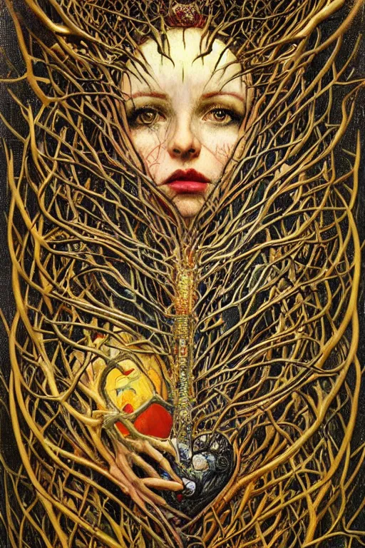 Image similar to Heart of Thorns by Karol Bak, Jean Deville, Gustav Klimt, and Vincent Van Gogh, anatomical heart, anatomically-correct sacred heart, Surreality, otherworldly, infernal enigma, Helliquary, fractal structures, celestial, arcane, ornate gilded medieval icon, third eye, spirals, dramatic sharp thorns, rich deep moody colors