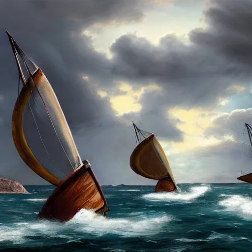 Image similar to a fleet of ancient trojan sailboats, amidst crashing waves and huge looming rocks, whirlpool, trireme, skiff, wooden sailboats, grim, lightning flashes, sky swirling with black wind, dark sky, dramatic, realistic, detailed, ancient, artstation, artgerm, digital painting