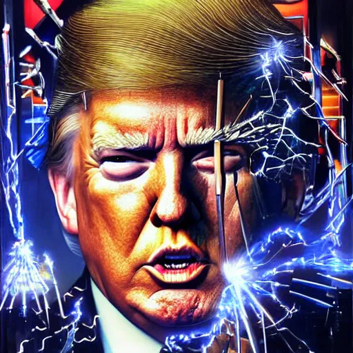 Prompt: UHD hyperrealistic photorealistic detailed image of Donald Trump with sparking, busted, broken cybernetic implants by Ayami Kojima Amano Karol Bak, Greg Hildebrandt and Mark Brooks