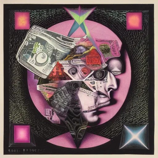 Image similar to post - punk new age album cover, asymmetrical design, dollar bank notes, capitalism, magic, apocalypse, psychedelic, black white pastel pink, slightly holographic, magic, giger h. r., giuseppe arcimboldo, peder aalto